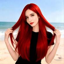 Wig Panjang Lurus Belahan Tengah Warna Merah 28 Inci, Alami & Realistis, Cocok untuk Pemakaian Sehari-hari, Pesta Festival, Cosplay - merah - View 2