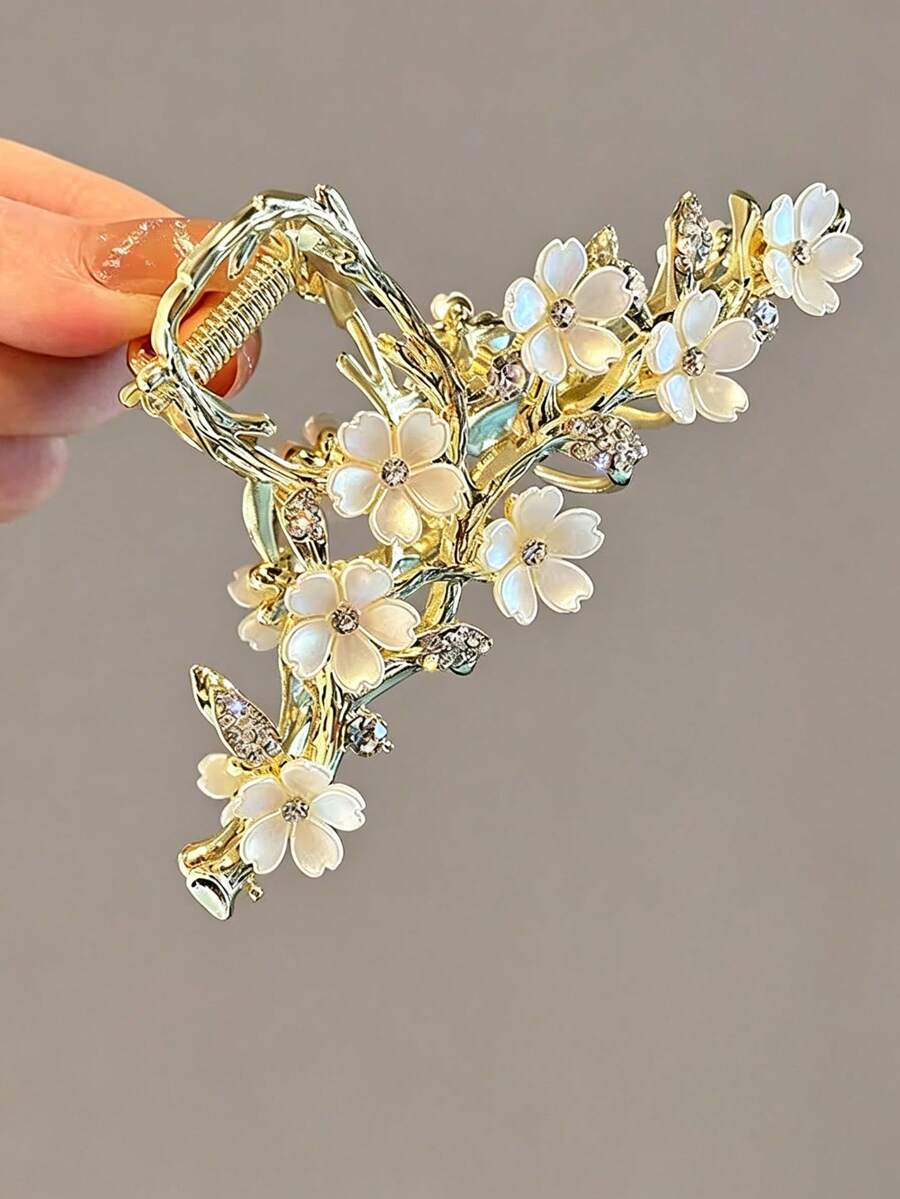 1件裝花卉頂級大號髮夾,特大加厚髮夾,適合厚髮,女士盤髮髮飾 - 白色花朵 - 查看 1