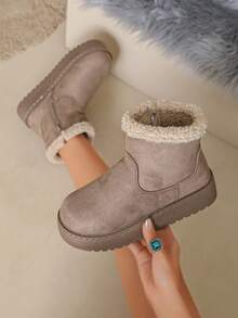 Women's Solid Color Faux Suede Thick Sole Ankle Boots, Beige Curly Fur Collar With Side Zipper Decor Thick Sole Ankle Boots - Grey - View 5