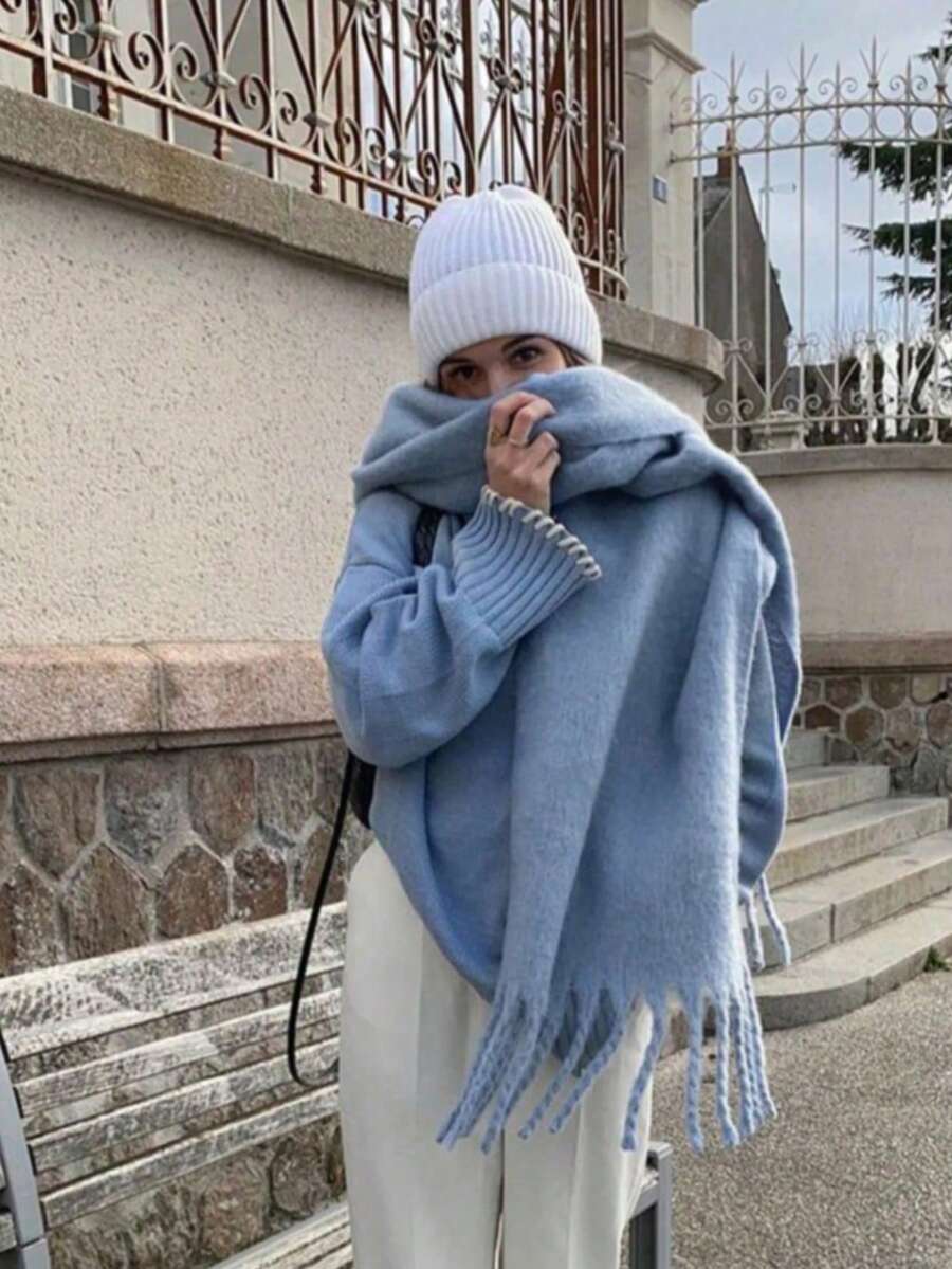 1pc Solid Color Scarf, Warm Neck Accessory For Winter, Thick Knitted Wool Tassel Shawl, Suitable To Pair With Dresses,Beach,Holiday - Blue - View 1