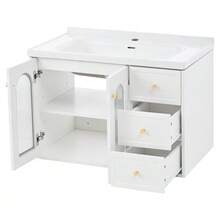[With Ceramic Basin] 80cm Multifunctional Wall-Hung Bathroom Vanity Unit, MDF Panel, Large Storage Capacity: 2 Drawers + Cabinet With Glass Door (Semi-Transparent, With Adjustable Shelves) - White - View 1