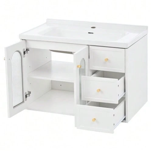 [With Ceramic Basin] 80cm Multifunctional Wall-Hung Bathroom Vanity Unit, MDF Panel, Large Storage Capacity: 2 Drawers + Cabinet With Glass Door (Semi-Transparent, With Adjustable Shelves) - White - View 1