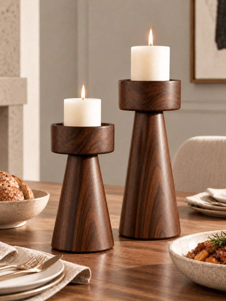 1pc/2pcs Red-Brown Wood Grain Pillar Candle Holder, Modern Wabi-Sabi Style Conical High-Low Candle Stand, Suitable For Dining Table Centerpiece, Living Room, Entryway, Console Table, Wedding Decor And Housewarming Gift, Candles Not Included - Mahogany Pillar Candle Holder - View 1
