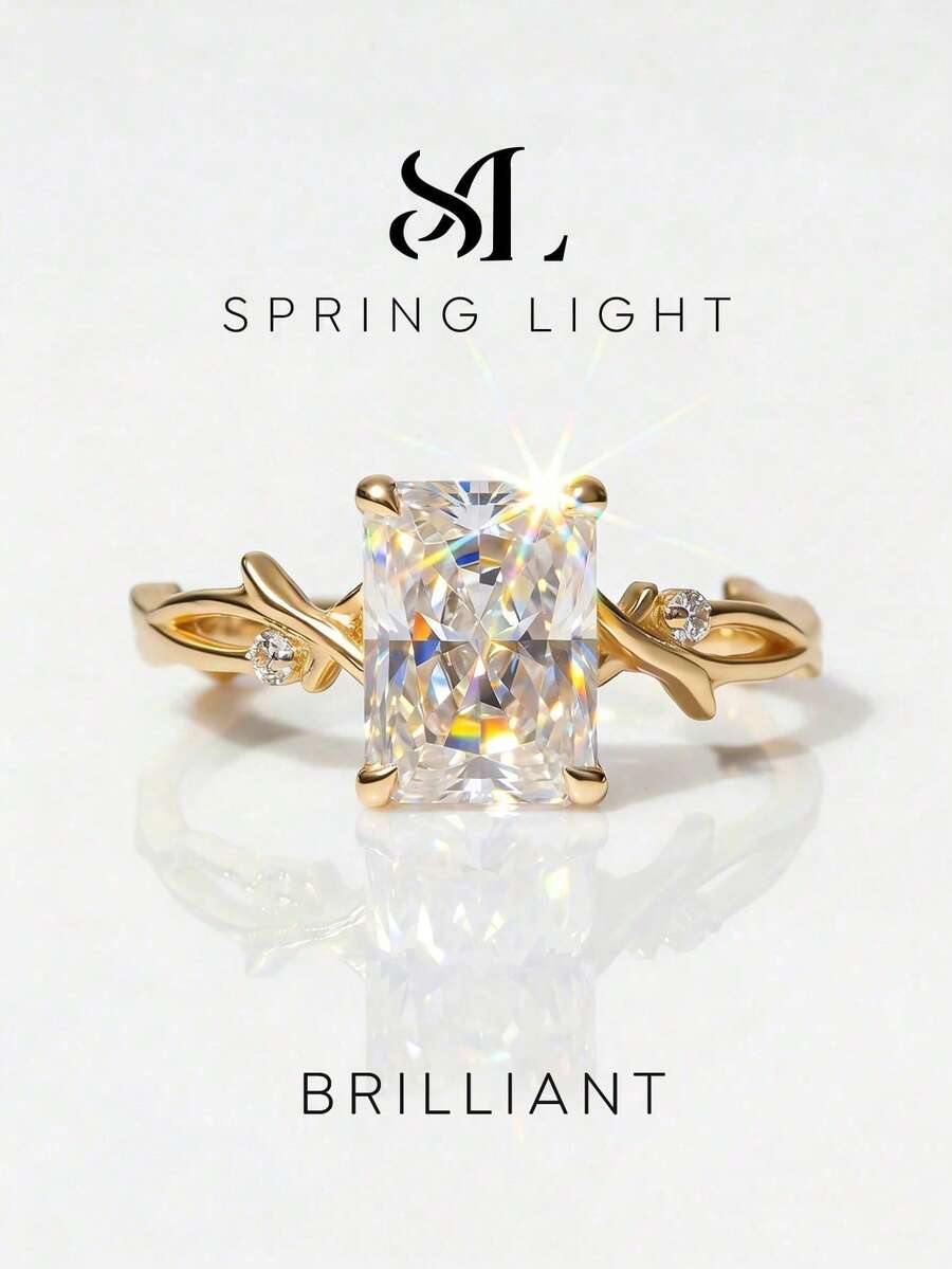 1pc Moissanite Ring, Elegant 2CT Vine Rectangular Solitaire Ring, Suitable For Women's Party And Daily Wear