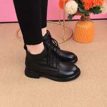 Autumn/Winter New Women's Soft Leather Lace-Up Boots, British Style Round Toe Flat Leather Shoes, Soft Leather Ankle Boots - Black - View 5