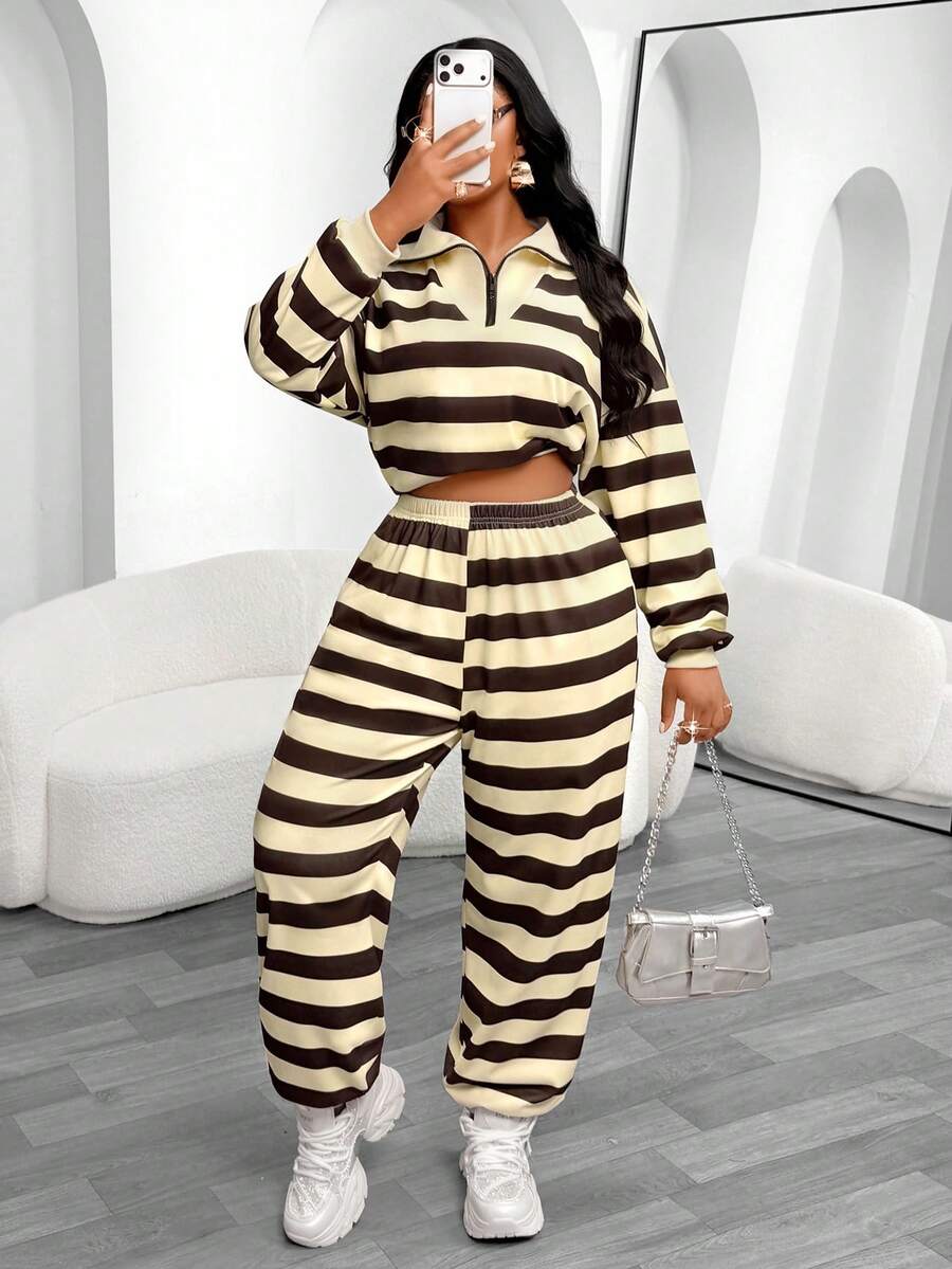 Fashionable Women's Striped Casual 2 Pieces Set, Contrast Color Collar, Zipper Detail Top With Matching Pants, Suitable For Casual Occasions - Yellow - View 1