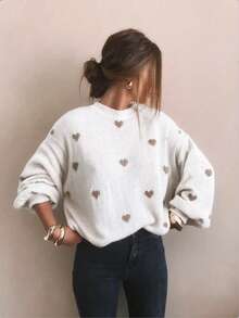 Women's Plus Size Heart Pattern Round Neck Drop Shoulder Long Sleeve Casual Sweater - White - View 5