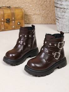 1 Pair Kids Leather Buckle Short Boots Soft PU Dual Hook & Loop + Inner Zipper Design Maillard Style Motorcycle Boots Suitable For Daily School Outdoor Autumn Winter New Arrival - Coffee Brown - View 6