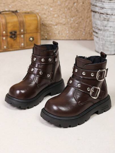 1 Pair Kids Leather Buckle Short Boots Soft PU Dual Hook & Loop + Inner Zipper Design Maillard Style Motorcycle Boots Suitable For Daily School Outdoor Autumn Winter New Arrival