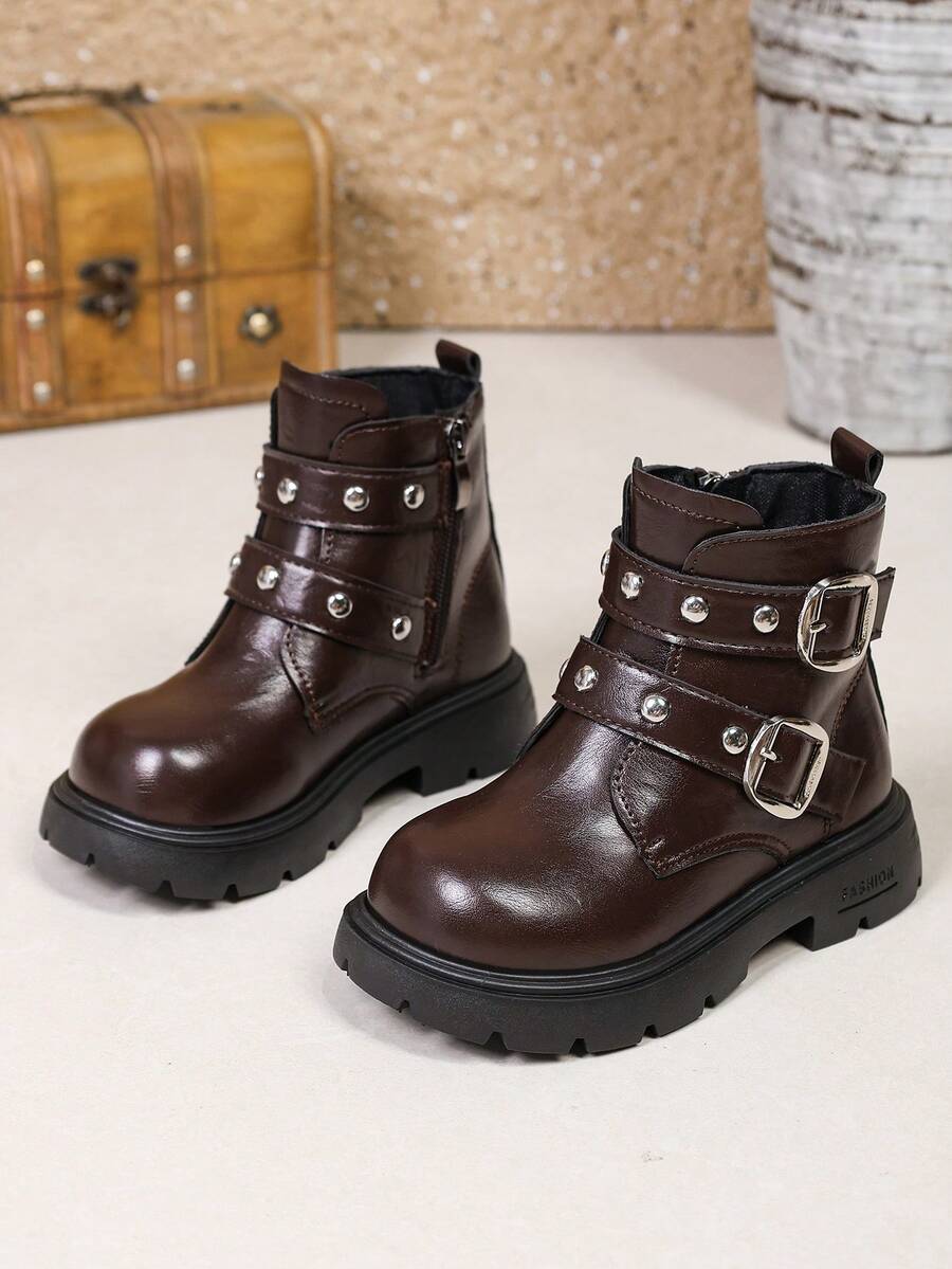 1 Pair Kids Leather Buckle Short Boots Soft PU Dual Hook & Loop + Inner Zipper Design Maillard Style Motorcycle Boots Suitable For Daily School Outdoor Autumn Winter New Arrival
