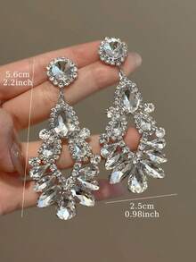 1 Pair Luxury Sparkling Glass Rhinestone Dangle Earrings Suitable For Women's Banquet And Party Wear - Silver - View 3