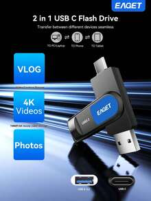 EAGET 2-In-1 USB C Flash Drive, USB3.2 Gen1 360° Rotating Storage Stick, Up To 120MB/S High-Speed OTG USB Drive, Shock-Resistant ABS Material U-Disk, Suitable For Phones, Laptops, Tablets, TVs And Cars - View 1