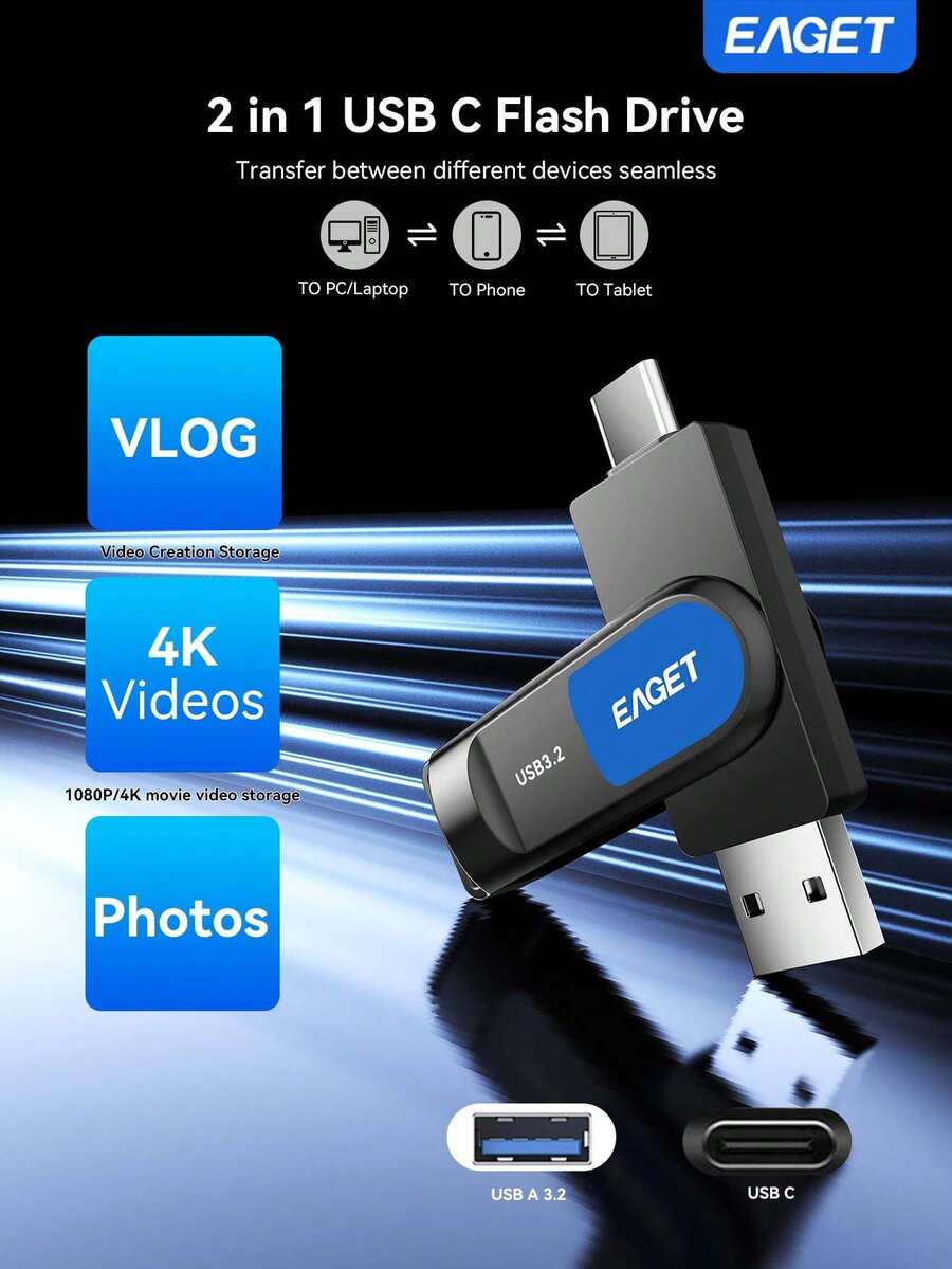 EAGET 2-In-1 USB C Flash Drive, USB3.2 Gen1 360° Rotating Storage Stick, Up To 120MB/S High-Speed OTG USB Drive, Shock-Resistant ABS Material U-Disk, Suitable For Phones, Laptops, Tablets, TVs And Cars - View 1