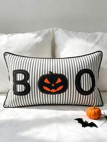 1 Stück minimalistisches schwarz-weiß gestreiftes Halloween BOO Kürbismuster Lendenkissen, Party-Heimdekoration Kissen, weich & bequem, Sofa Bett Kopfteil Feiertagsatmosphäre Kissenbezug, maschinenwaschbar, Kissenfüllung nicht enthalten - Schwarz - Übersicht 1
