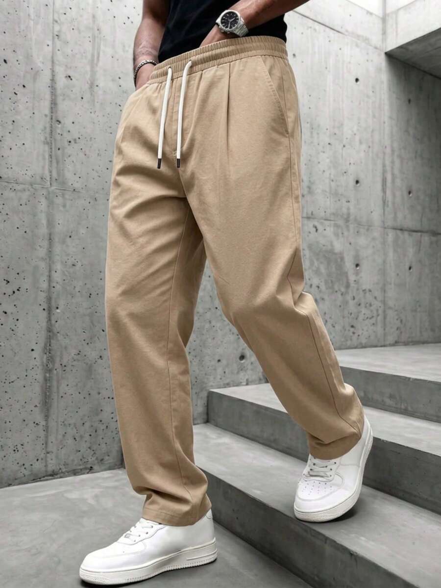 Men's Long Linen Casual Pants Khaki Color Everyday Versatile Trousers - Khaki - View 1