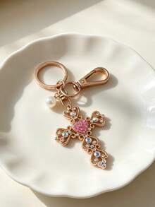 1pc Luxury Exquisite Rhinestone Heart Cross Car Keychain, Metal Cute Pearl Unisex Couple Bag Pendant Key Chain Ring Fashion Small Gift Design Bag Accessory - Multicolor - View 3