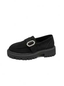 New Women's Rhinestone Decorated Suede Solid Color Retro Loafers Thick Platform Serrated Sole Slip-On Wedge Pumps Fashion Versatile - Black - View 8