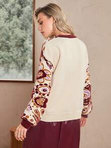 Simplee Women's Autumn/Winter New Fashion Comfortable Fuzzy Floral Print Crew Neck Sweater, Suitable For Commuting And Casual Wear - Burgundy - View 6