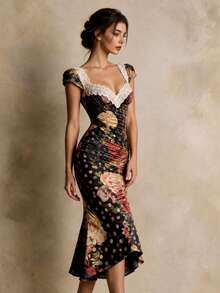 ELYRADIA Sexy Floral Polka Dot Print Fitted Midi Dress For Women, Summer Lace Trim Flutter Sleeve Ruched Chest Flared Hem Flowy Vintage Party Dress - Black - View 8