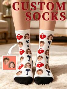 Custom Heart & Lock Key Print Crew Socks, Romantic I Love You Personalized Photo Mid-Calf Gift Socks For Women - White - View 3