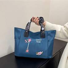 1pc Large Capacity Embroidered Canvas Tote Bag, Women's Commute Travel Handbag - Multicolor - View 10
