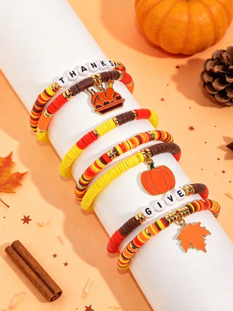 7pcs/Set Thanksgiving Turkey Pumpkin Maple Leaf Zinc Alloy Pendant Soft Clay Letter Beads Children Bracelet Set Autumn Thanksgiving Girls Gift - Multicolor - View 1