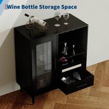 Modern Wine Bar Cabinet With Tempered Glass Door – Freestanding Buffet Sideboard With Integrated Wine Glass Rack, Drawers, Adjustable Shelves – Compact Storage For Home, Kitchen, Dining, Living Room - Black - View 7