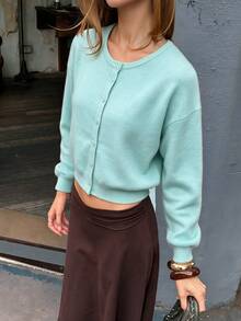 Autumn/Winter Casual Versatile Solid Color Knit Cardigan - Mint Blue - View 8