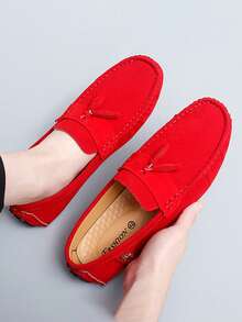 GAISIMA Men's Red Faux Suede Business Loafers, Bow + Metal Buckle Classic Slip-On Driving Shoes, Suitable For Daily Wear And Parties, - Red - View 3