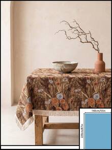 1pc Brown Base Vintage Autumn Floral Plant Print Tablecloth, Retro Natural Style Jacquard Fabric, Rectangular Beige Tassel Edge Detail, Stain-Resistant Desktop Protection Functional Long Tablecloth Suitable For Daily Home And Natural Dining Table Decor Scenes - Brown - View 13