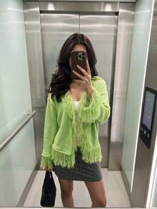 Y2K Textured Top With Lace Patchwork And Fringe Details, Long Sleeve Asymmetrical Hem T-Shirt For Casual Everyday Outfits Fall And Winter - Neon Green - View 6