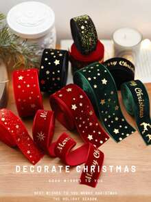 Christmas Velvet Ribbon Roll, Gold Foil Star & Reindeer, Merry Christmas Printed Ribbon, Red Green Black Xmas Gift Wrapping Ribbon For DIY Bow Making, Christmas Tree Decorations, Wreaths, Garlands, Gift Boxes, Holiday Party Decor & DIY Crafts - Multicolor - View 2