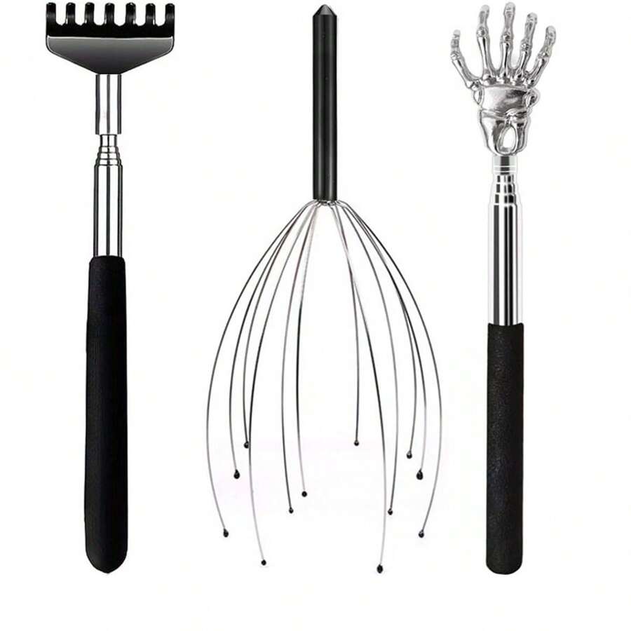 1/3pcs Manual Head Massager (No Battery Required), 12-Finger Massage Tool, Stainless Steel Telescopic Handle Back Scratcher, Relievesiness Without Assistance, Neck And Back Massager, Small Gift For Friends - Multicolor - View 1