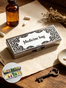 「Medicine Bag」印花藥盒，復古歐式藥丸分藥盒，便攜式藥丸分藥盒，精準 1-2 顆藥丸分藥盒，便利藥物收納盒，易用設計，塑膠材質，便攜旅行藥盒，分藥盒，大容量藥物盒，返校季，返校禮物，母親節禮物，萬聖節，聖誕禮物 - 彩色 - 查看 2