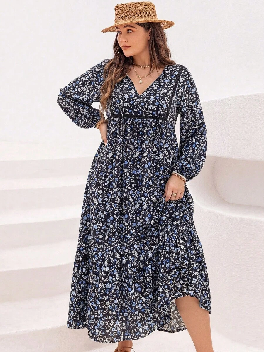 Rusttydustty Women's Plus Size Blue & Black Small Ditsy Floral V-Neck Ruffle Patchwork Long Sleeve Dress, Suitable For Autumn/Winter, Halloween Outfit - Black - View 1