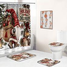 Set Dekorasi Kamar Mandi Motif Gnome Pengiriman Hadiah Multifungsi 1pc/4pcs, Tirai Kamar Mandi dengan 12 Kait Gratis, Keset Lantai Bentuk U dan Penutup Dudukan Toilet Bulat Premium untuk Suasana Liburan, Cocok untuk Semua Dekorasi Ruangan - Kurcaci Pengantar Hadiah - View 7