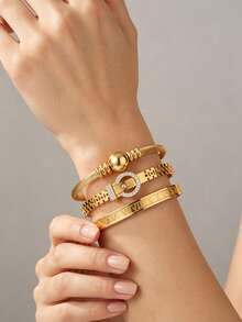 Camhanno Women's 3pcs Gold Bracelet Set, Clover Rectangular Zirconia Roman Numeral Belt Buckle Rhinestone Stackable Daily Wrist Jewelry Accessories - Multicolor - View 5