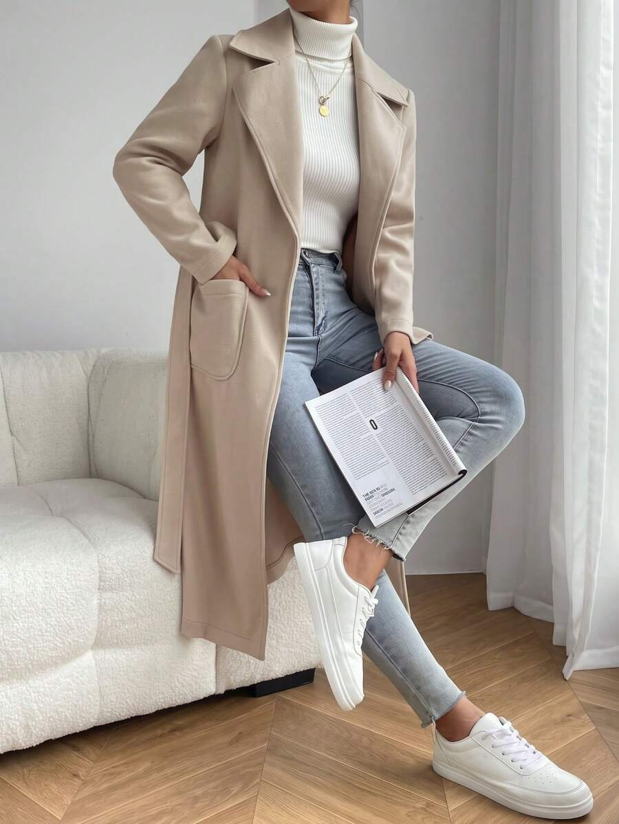 Women's Autumn Lapel Double Pocket Belted Long Jacket Fall - Apricot - View 1