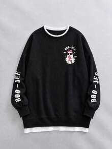 Sweatshirt Patchwork 2 in 1 Ukuran Plus Wanita, Motif Hantu & Kelelawar Kartun, Huruf di Lengan & Badan, Pullover Lengan Panjang Kerah Bulat dengan Bahu Jatuh Longgar - Hitam - View 6