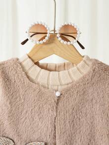 Girls Fashion Solid Color Round Neck Long Sleeve Top, Fuzzy Sleeveless Vest And Pleated Skirt 3 Pieces Set, Autumn/Winter - Apricot - View 3