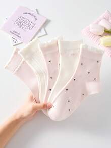 4 Pairs Women's Cute Sweet Breathable Floral Striped Embossed Lace Pattern Mid-Calf Socks Ankle Socks Casual Comfortable Preppy Student Socks Pink Socks White Socks Fashionable Comfortable Random Color Suitable For Daily Wear Spring Summer Autumn Winter All Seasons - Multicolor - View 6