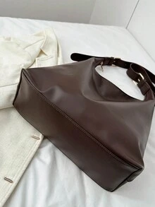 純色復古休閒大容量可折疊單肩包，輕便學生購物街包 - 咖啡棕 - 查看 6