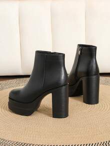1 Pasang Sepatu Bot Ankle Platform Sol Tebal dengan Resleting Samping Seksi Warna Polos, Tahan Air, Sol Tebal, Cocok untuk Aktivitas Luar Ruangan Musim Gugur dan Musim Dingin - Hitam - View 6