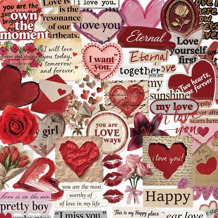 50pcs Love Retro PET Transparent Graffiti Stickers DIY Decorative Cup Journal Phone Case Computer Desk Helmet Guitar ,Creativity Gift Decals,Back-To-School Gift - 1 Set/50 PCS - View 1