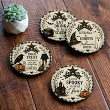 Halloween Wooden Round Coasters, Vintage American Style Lettering Slogan Pattern Heat Insulation Pads, Suitable For Home Kitchen Dining Table Party, Winter Holiday, Protect Desktop Decor, Halloween Decoration Gift - Coaster LDX2769 - View 6
