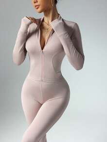 Women's Solid Color Long Sleeve Top And Fitted Sports Pants Set, Suitable For Fitness And Workout - Dusty Pink - View 3