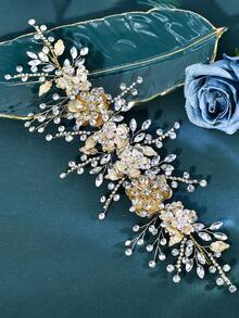 1pc Luxury Golden Rhinestone Applique Patch 3D Metal Flower Leaf Beaded Embroidery Trim Sew On Wedding Dress Evening Gown Neckline DIY Craft - Gold - View 8