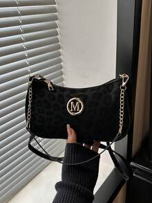 M Logo 法式復古腋下包 女款 新款鏈條豹紋小方肩背包 斜挎休閒百搭 - 黑色 - 查看 8