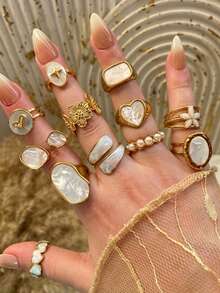 12pcs Bohemian Vacation Style Y2K Drip Oil Geometric Flower Heart Ring Set, Sweet Cool Hot Girl Ins Alloy Stackable Rings, Festival Gift, Beach Vacation, Birthday Present Exquisite Jewelry - Yellow Gold - View 2
