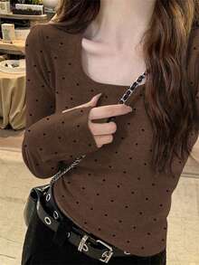 女款甜美可愛大圓領杏色波點針織衫，秋冬款 - 咖啡色 - 查看 3